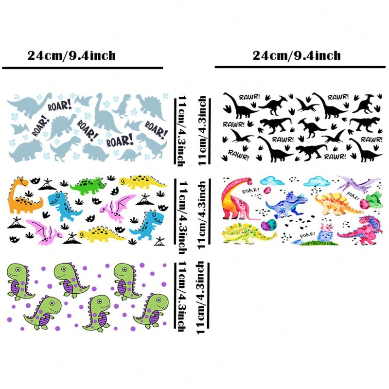 TEMU 5pcs Set Of Cute Cartoon Dinosaur Themed Uv Dtf Transfer, Suitable For Diy Decoration Of 16 Ounce Glasses, Laptops, Phone Cases, Refrigerators,