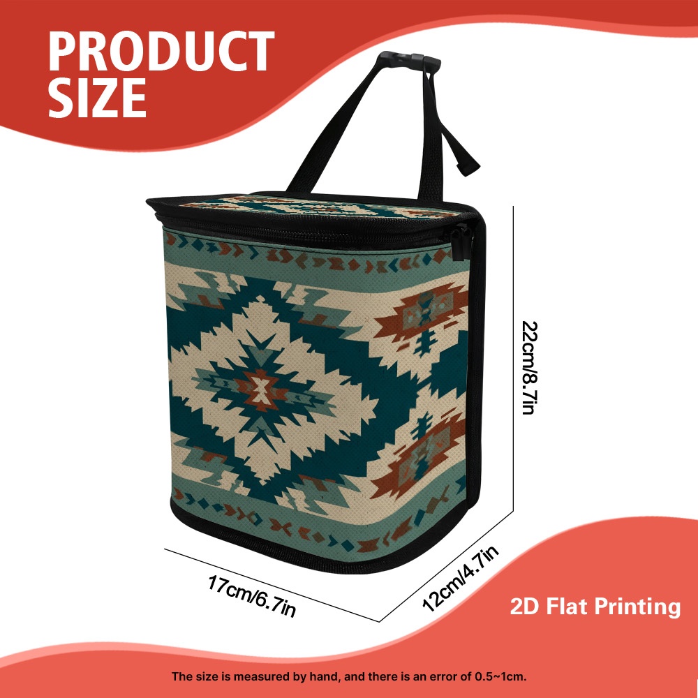TEMU 1pc Southwestern Tribal Geometric Graphic Design Zipper Car Garbage Bag With Lid,foldable And Adjustable,car Hanging Trash Bag,portable Leak