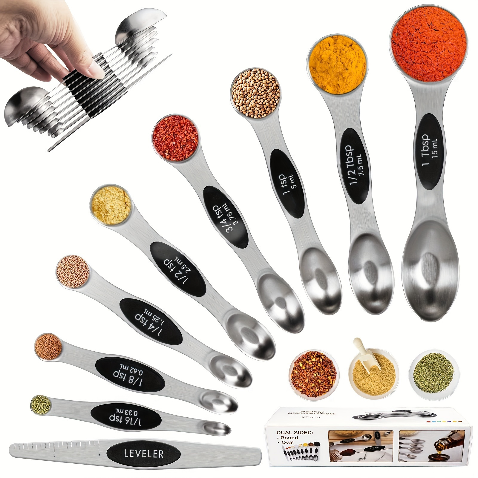 TEMU Set Of 9 Dual Sided Stainless Steel Measuring Spoons Set Black& Magnetic Measuring Spoons For Gift Measuring Dry And Liquid Ingredients Halloween&christmas Gifts, Holiday Presents, Kitchen Gifts