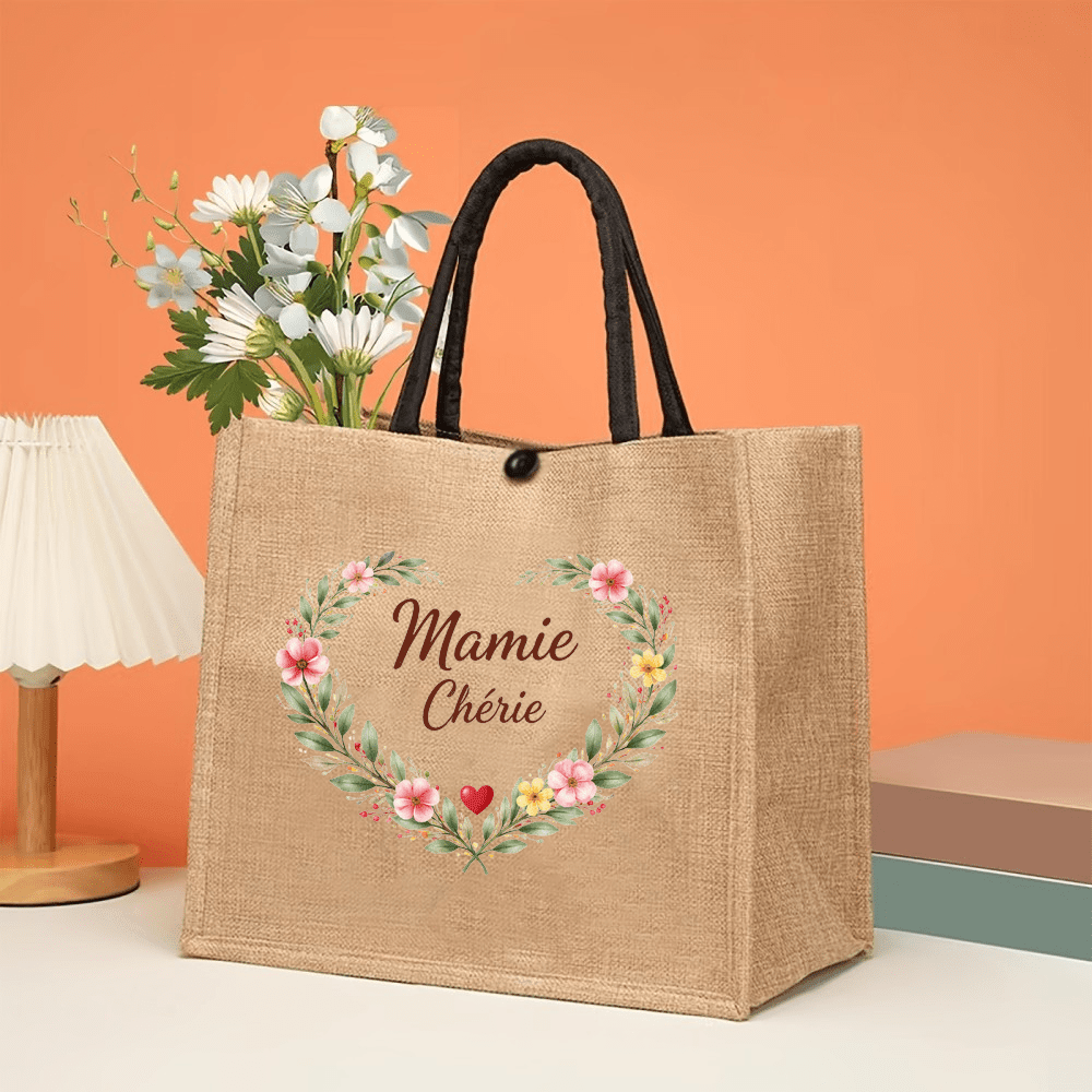 TEMU Sac en toile de jute Mamie Chérie avec couronne de cœurs et motif et jaune, cabas en lin de style vintage français, pour et aînés, sac de grande