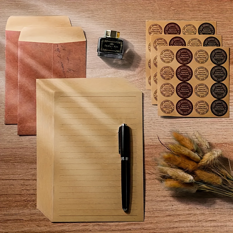 TEMU 32pcs Elegant Vintage Postal Envelope Set: 8 Sheets Of Letter Paper, 8 Card Envelopes, And 16 Classic-designed Round Sealing Stickers, Suitable