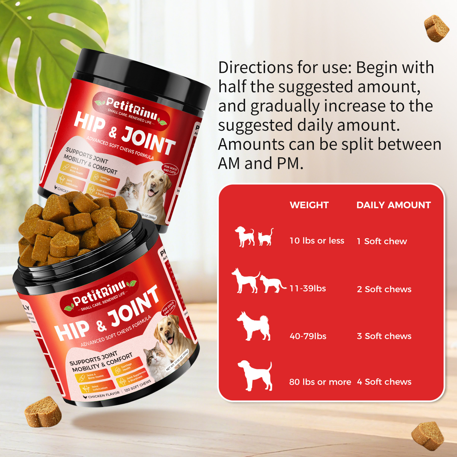 PETITRINU Joint Supplement for Dogs and Cats - Advanced Soft Chews with Glucosamine & Chondroitin - Supports Mobility, Flexibility & Cartilage Health - Chicken Flavor, 120 Count