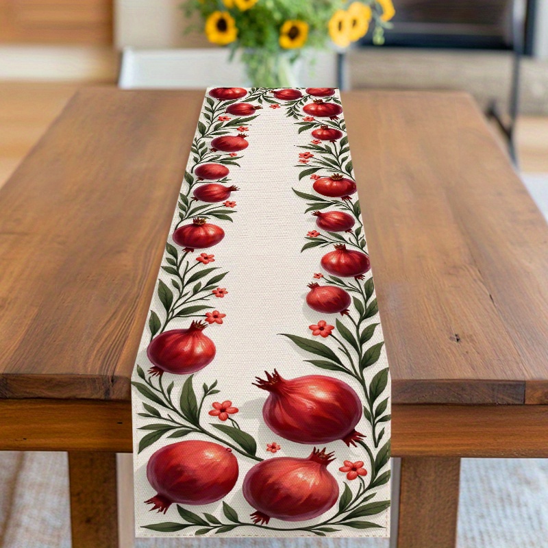 TEMU 1pezzo Pomegranate & Floral Table Runner - Pomegranate con foglie , di , per Hashanah, casa, cucina o decorazione di , tessuto in poliestere,