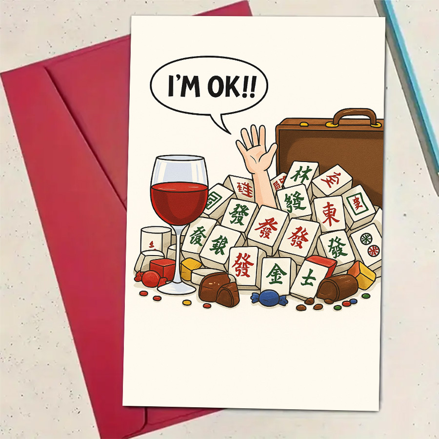 TEMU 1pc Fun Mahjong-themed Greeting Card With "i'm Ok!" Text - Chinese Mahjong , Wine And Chocolate Gift, For Mahjong Enthusiasts, Birthday,
