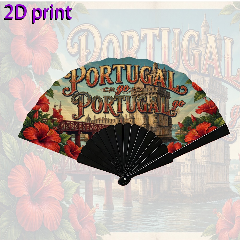 TEMU 1pc Éventail pliant portable pour femmes, idées cadeaux vintage avec graphiques pittoresques du Portugal, vacances, utilisation extérieure,