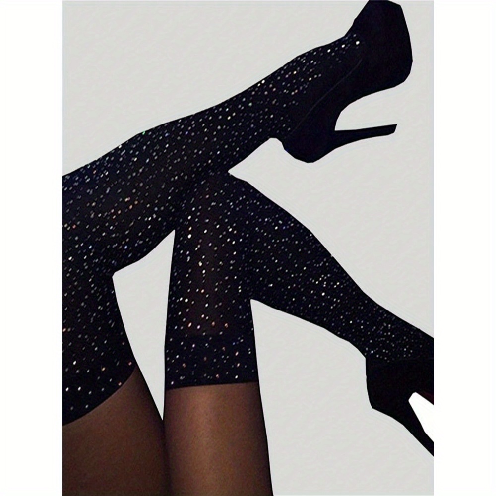 

Chic Oversized Black Knee-high Socks With Sparkling Rhinestones For Women - , Opaque & Stretchy Acrylic