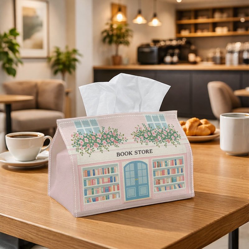TEMU 1pc 2d Flat Minimalist Pastel Illustration Tissue Box | Durable, Cute And Architectural Bookstore Style, Suitable For Living Room Decor, Bedroom