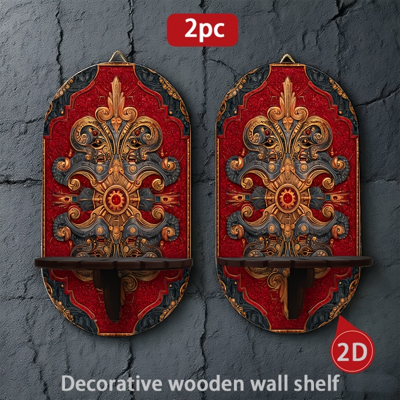 TEMU 2pcs Retro Wall-mounted Shelf With Ornate Golden Floral Shelf - Red Background Artificial Wood Storage Shelf Suitable For Candles, Keys,