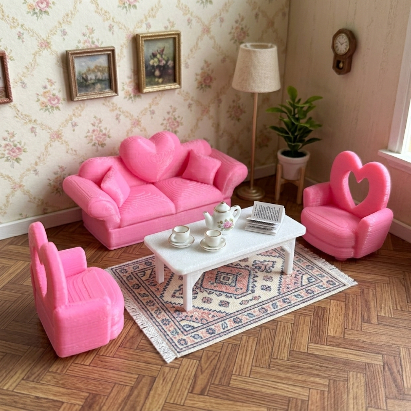 3pcs Dollhouse Set: Heart-Back Double Sofa & Two Chairs