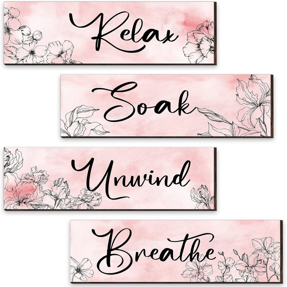 TEMU 4pcs Of Pink Wall Decoration Signs, Floral Bathroom Decoration, Wooden Relaxing Soaking, Windless Breathing, Front Hanging Wall Art, Farmhouse
