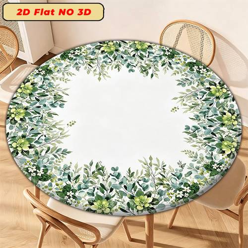 item picture 2d flat 1pc round elastic tablecloth eucalyptus green floral border round polyester tablecloth design washable tablecover for dining outdoor picnic gathering festival decoration