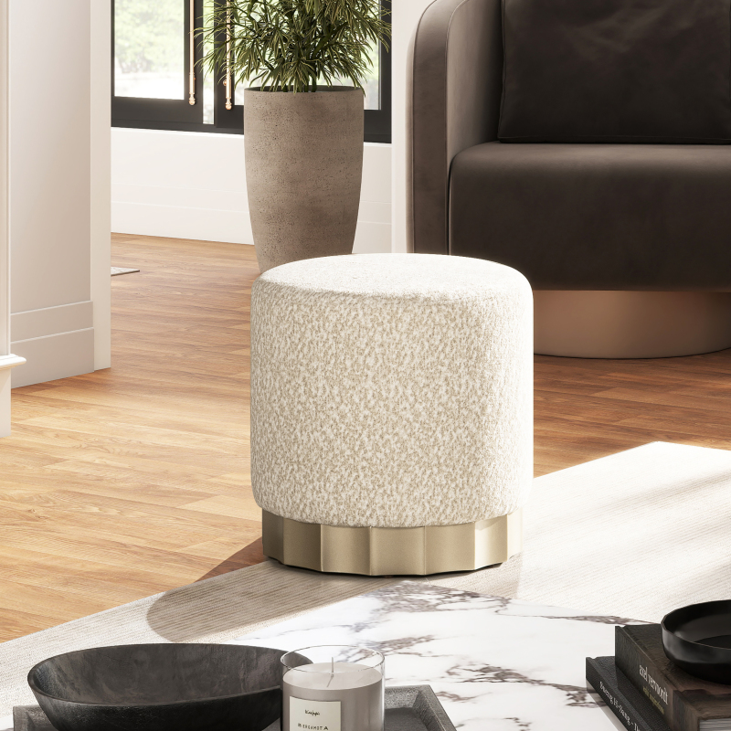 Hampton 18' Round Upholstered Ottoman with Scalloped Base Speckled Egg Beige Chenille