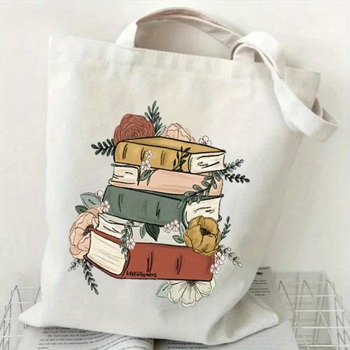 books and flower print handbag women casual canvas portable shoulder bag women of the pattern shopping reusable tote bag