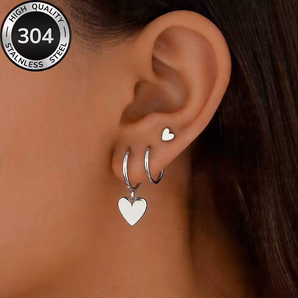 TEMU 3pcs Earring Set, High-quality 304 Stainless Steel Hypoallergenic Golden Earrings, Polished, Anti-tarnish, Simple And Elegant, Fashionable