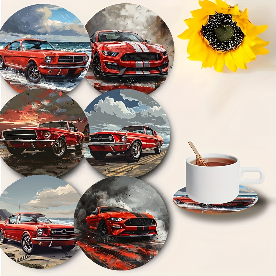 TEMU 6pcs Set Of Red Car-patterned Wooden Coasters- Artistic Non-slip Table Protectors, Heat-resistant Kitchen Dining Mats, Minimalist Home Decor,