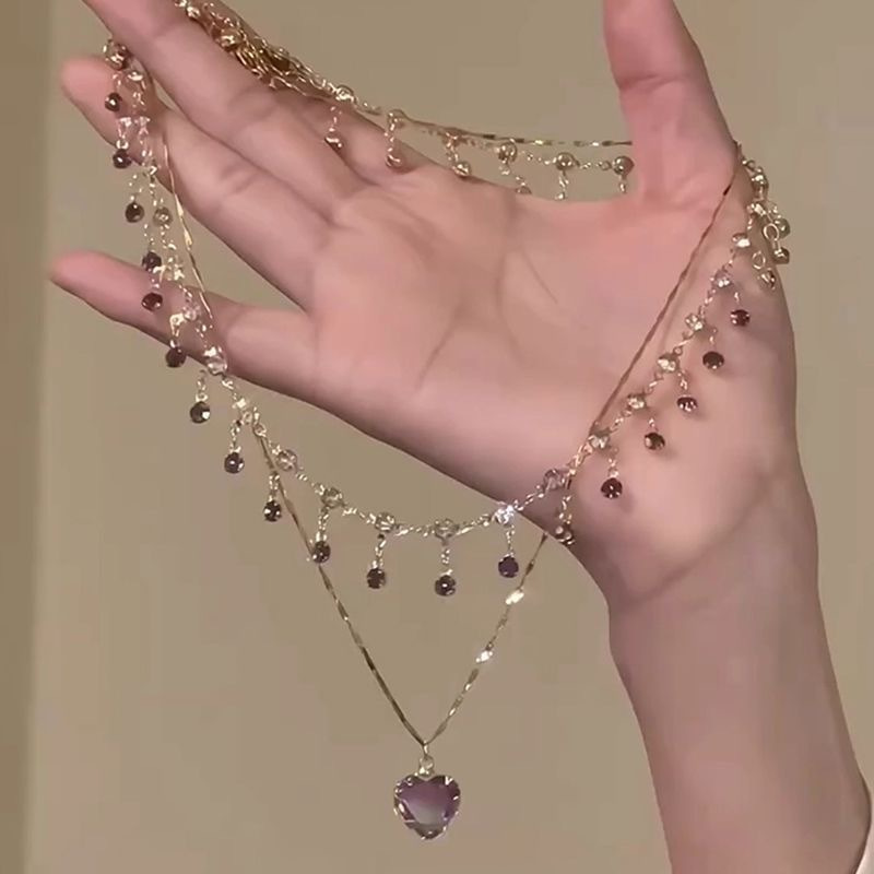 TEMU Women's French-inspired Elegant Purple Heart Pendant Necklace - Double Layered Clavicle Chain With Deep Violet & -brown Beads, Golden-like