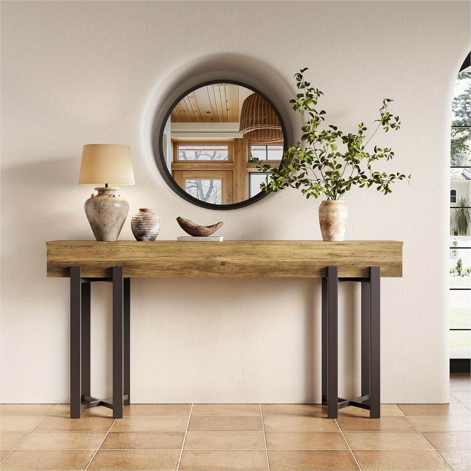 63-inch Console Table For Entryway, Industrial Behind Couch Table, Minimalist Sofa Table For Living Room, Rustic Brown Wooden Hallway Foyer Table With Black Metal Frame