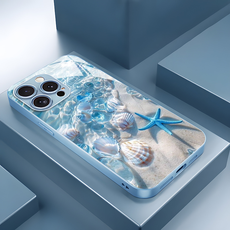TEMU Phone Case - Beach Shell Pattern Phone Case For Iphone 16promax/15pro/14plus/13/12/11/x/xr/xsmax, Fashionable Design, Tempered Glass, Premium