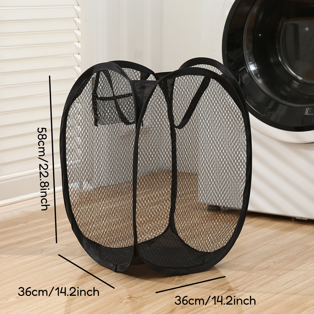 TEMU 1pc Black Foldable Pop-up Laundry Basket, Large Capacity Mesh Clothes Hamper With Handles, Portable Breathable Storage Bag For College Dorm Room