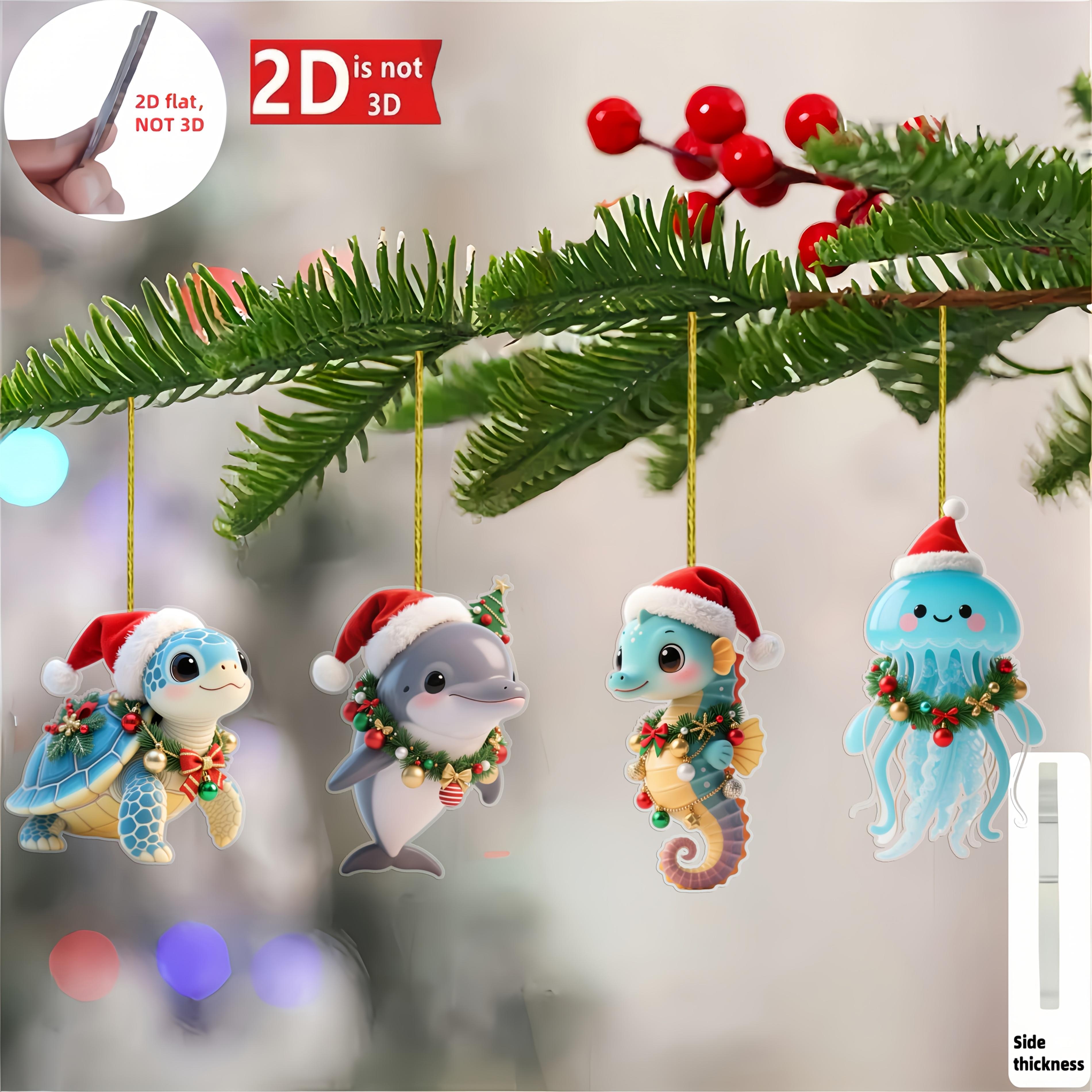 TEMU 2d Flat, 2d Flat 4pcs Christmas Wreath Ocean Animal Acrylic Hanging Ornaments, Christmas Party Decoration Set, Suitable For Tree Display, Mini