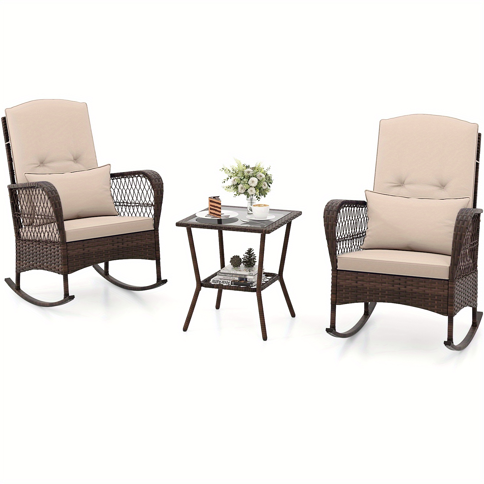 TEMU Ensemble de bistro à LIFEZEAL 3 pièces, chaises à en rotin PE avec table basse à 2 niveaux, coussins et coussins épais, ensemble de meubles de