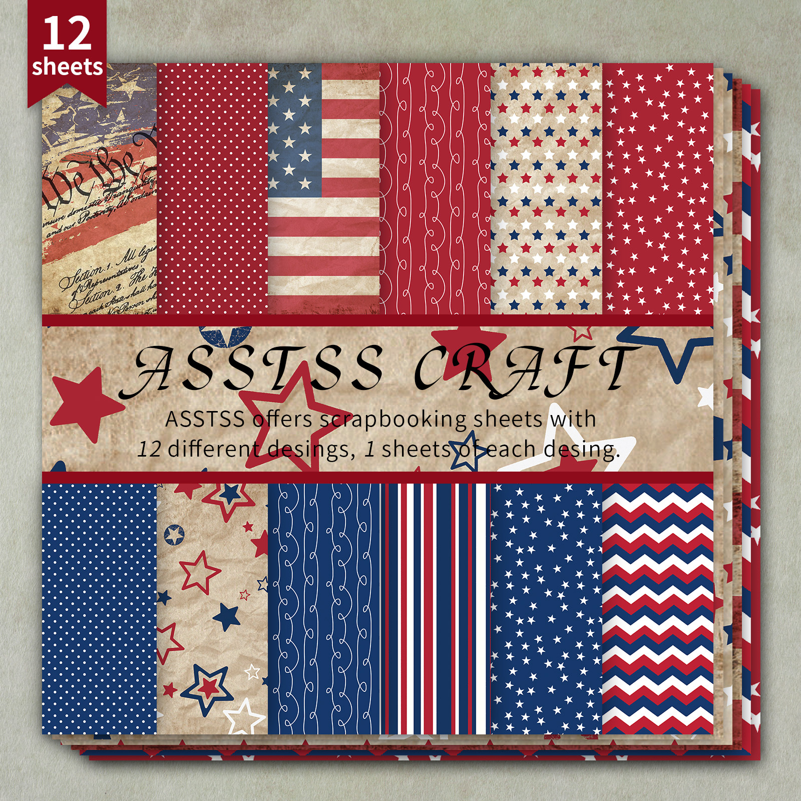 TEMU 12-sheet Asstss 6*6-inch Scrapbooking Paper Pad, Featuring A Vintage American Day Retro Patriotic Design, Ideal For Backing Paper Supplies. This