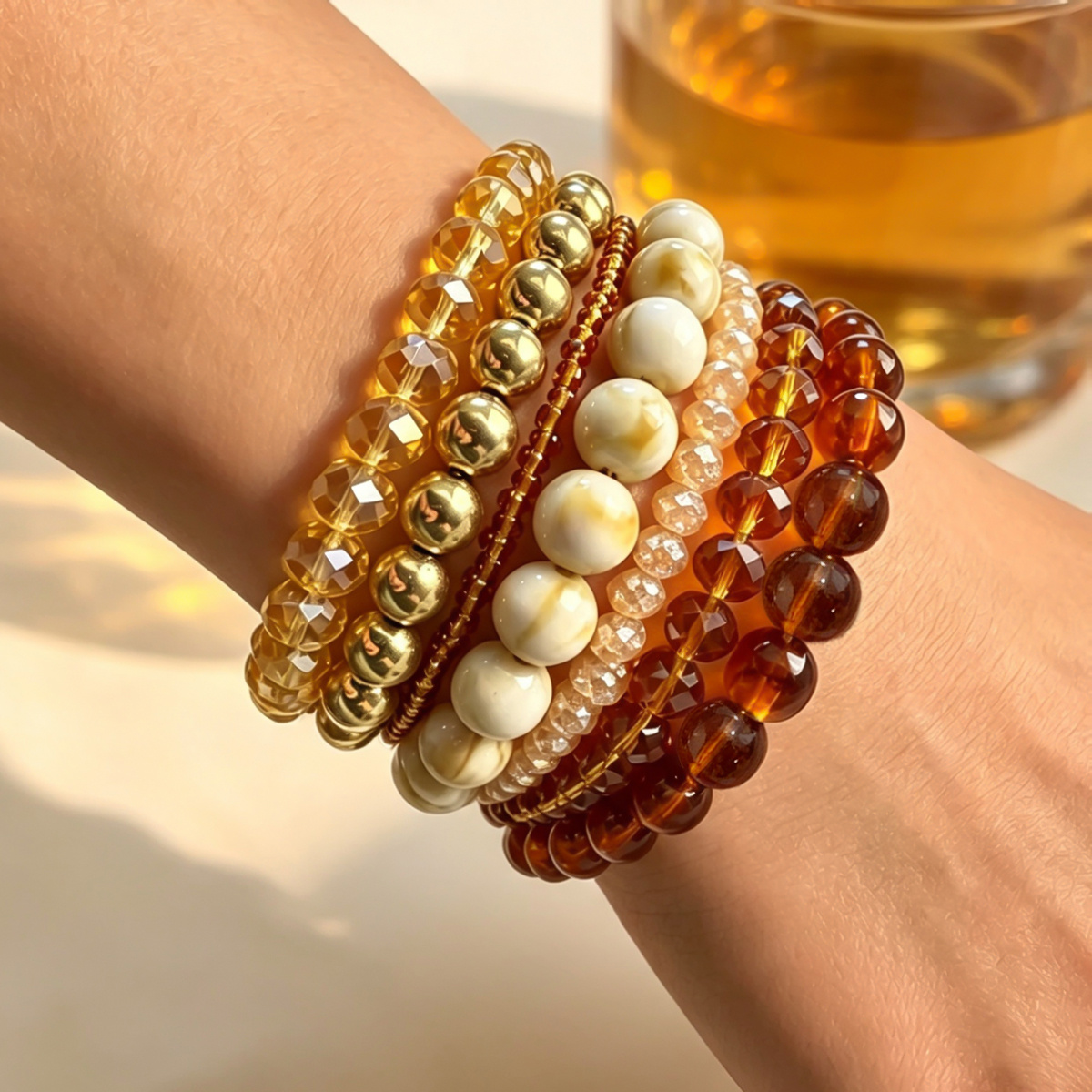 7pc Retro Caramel Color Beaded Bracelet Set