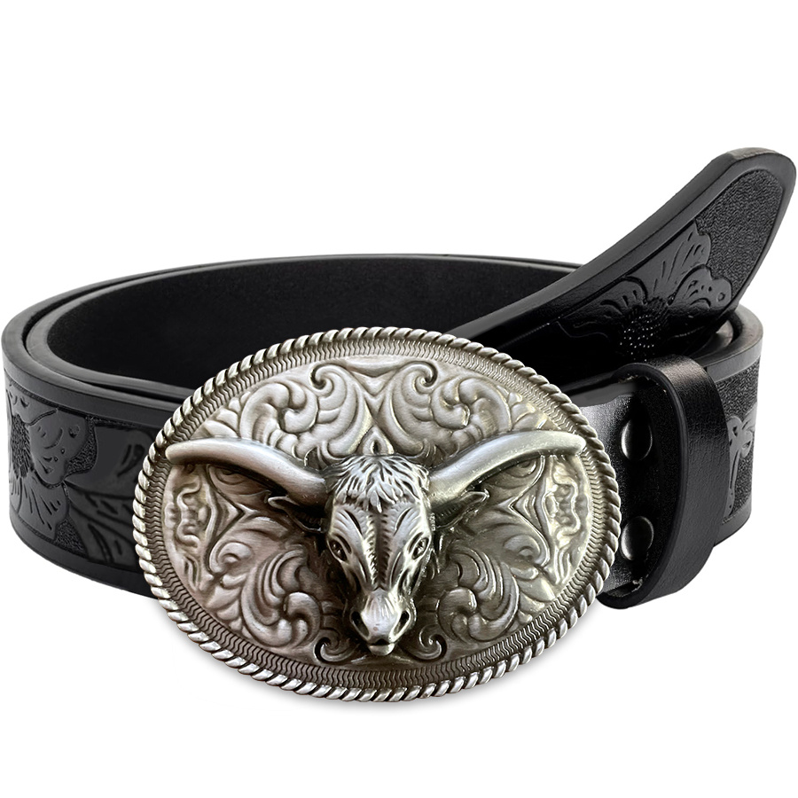 TEMU Cowboy Men's Belt - Irregular Pattern Engraved Floral Longhorn Smooth Women's Belt - Country Music Festival Riding Belt For Pairing With Jeans,