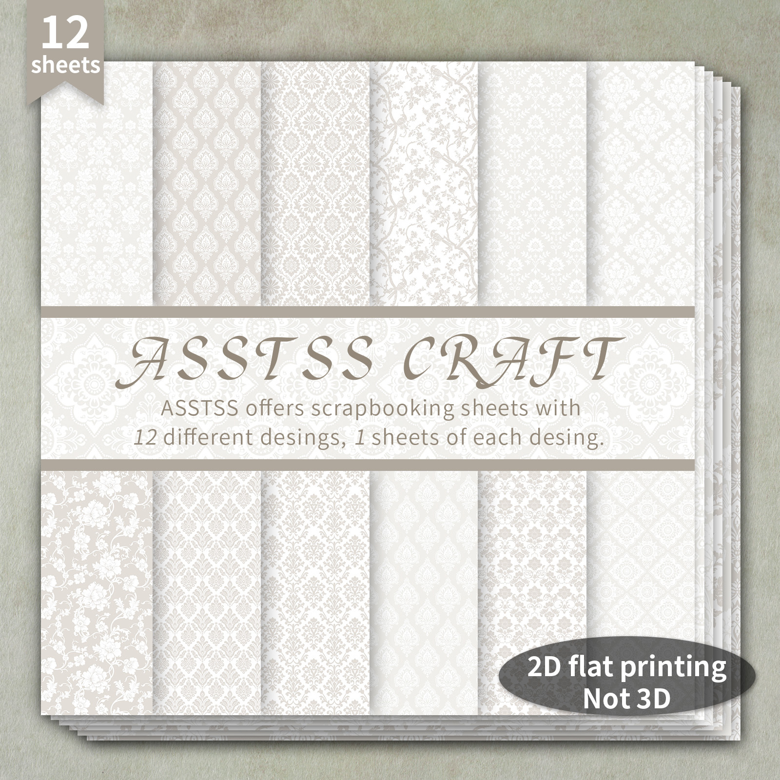 12 listov ASSTSS 6X6 palčni blok papirja za scrapbooking, 2D raven bel damast svetlo bež vintage poroka eleganten nevtralen stil vzorci podložni