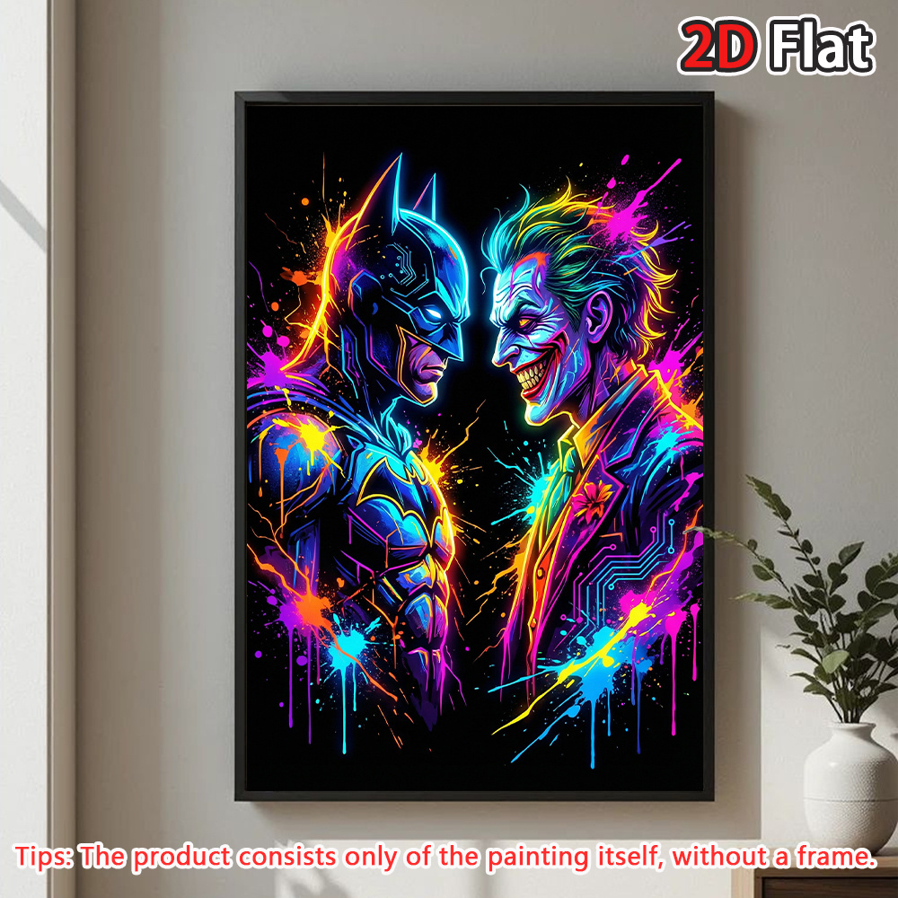 TEMU 2d Flat, [2d Flat] 1pc Wb Batman And Joker, Classic Characters, Neon Cyberpunk Graffiti Splatter Colored Canvas Art, Frameless Modern Wall