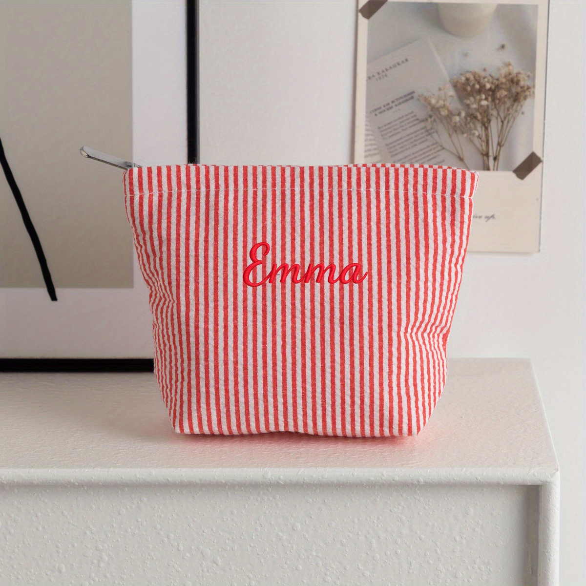 TEMU Custom Embroidered Striped Cosmetic Bag - Toiletry Pouch With Zipper Closure, Durable Polyester Makeup Organizer For Women, Portable Wash Bag 9