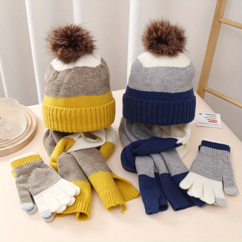 

Beanie, & Gloves Set For - 3pcs Kit: , , -washable - Fashionable Pom-pom