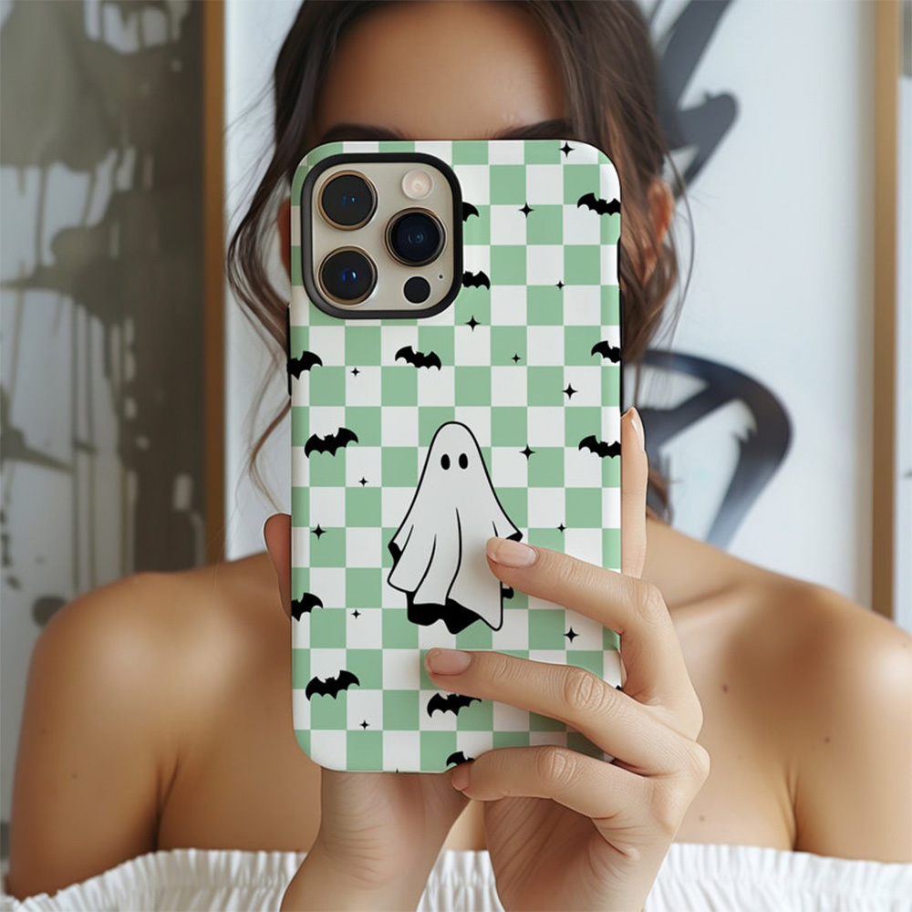 Magnetic Spooky Ghost with Bats Checkered Phone case - For iPhone 16, for iPhone 15, For iPhone 14 - Horror Ghost for iphone Cases - Spooky Season Phone Case