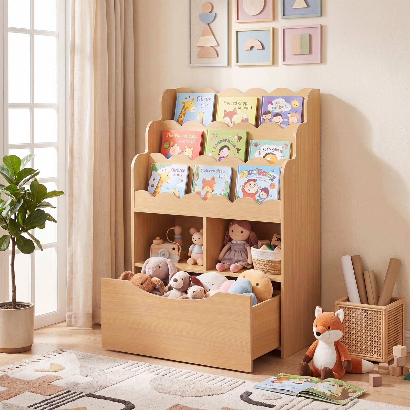 Image of Bookshelf For School Entry, Christmas, Halloween, 5-tier Wooden Bookcase And Storage Organizer With Shelves And Rolling Drawer, Book Storage For Nursery, Playroom, Kids' Room, Natural