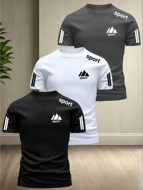 Artikelbild 3-teiliges set für herren im sportlichen -stil, kurzärmeliges, leichtes atmungsaktives sommer-t-shirt mit rundhalsausschnitt, vielseitiges oberteil für fitness freizeit