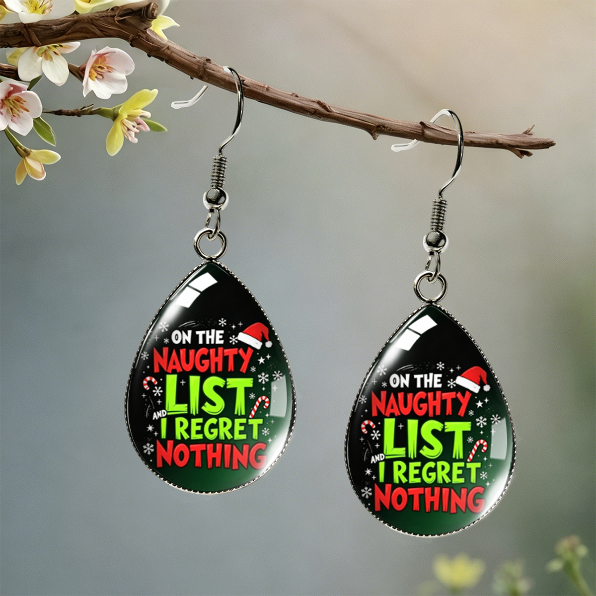 TEMU 1 Paire de Boucles d'Oreilles de avec Bonnet de Noël Noir et Vert, , de Neige et Texte de Fêtes Imprimés, Boucles d'Oreilles de Noël Unisexes