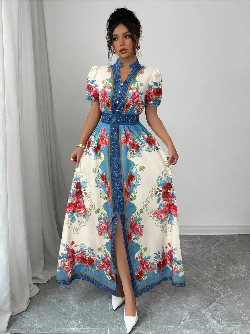 womens floral a line dress flared hem party formal dress with elegant floral print in blue red white machine washable for weddings garden parties everyday outfits non stretch fabric wedding guest attire short sleeve design Product details 6