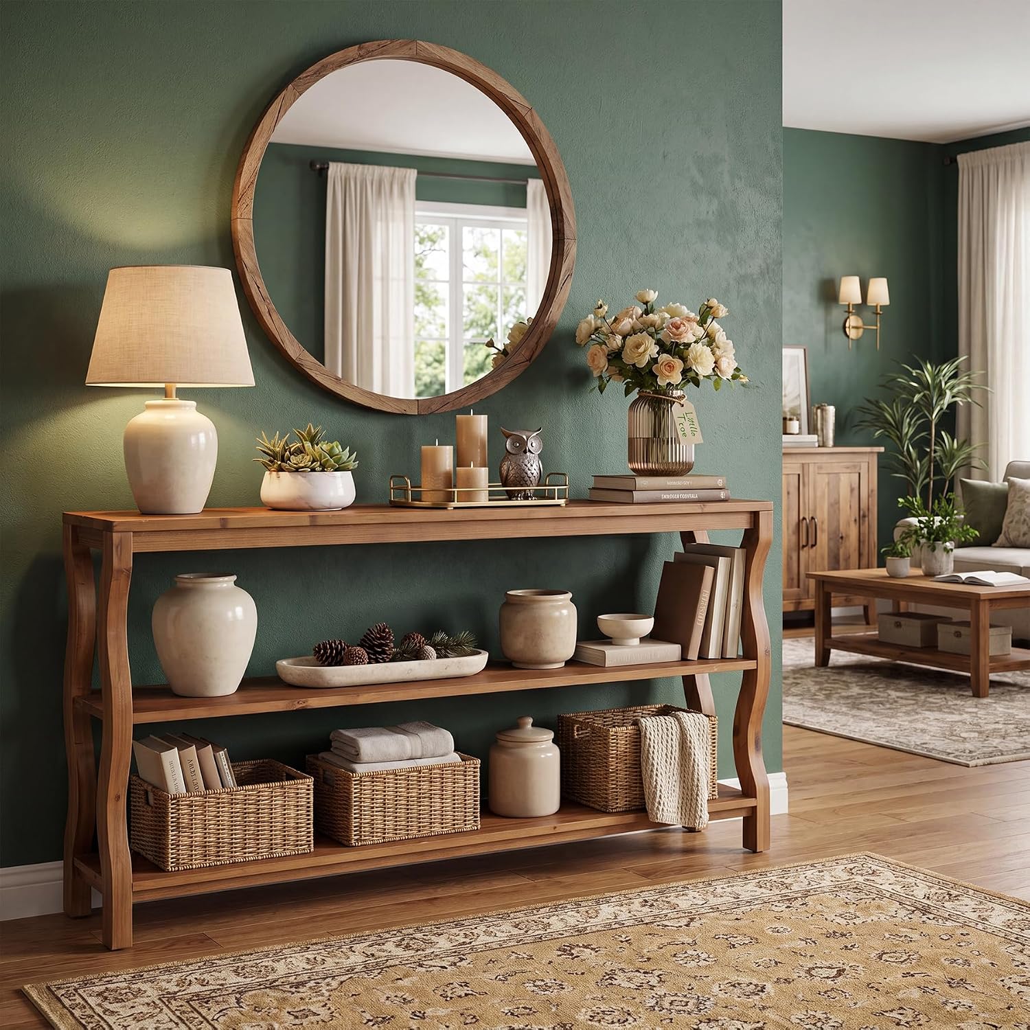 Modern Vintage Entryway Table Console With 3-tier Open Shelves & Suitable For Hallway, Behind Couch, Living Room - Curved Sofa Table, , Assembly For Narrow Spaces (hall Table)