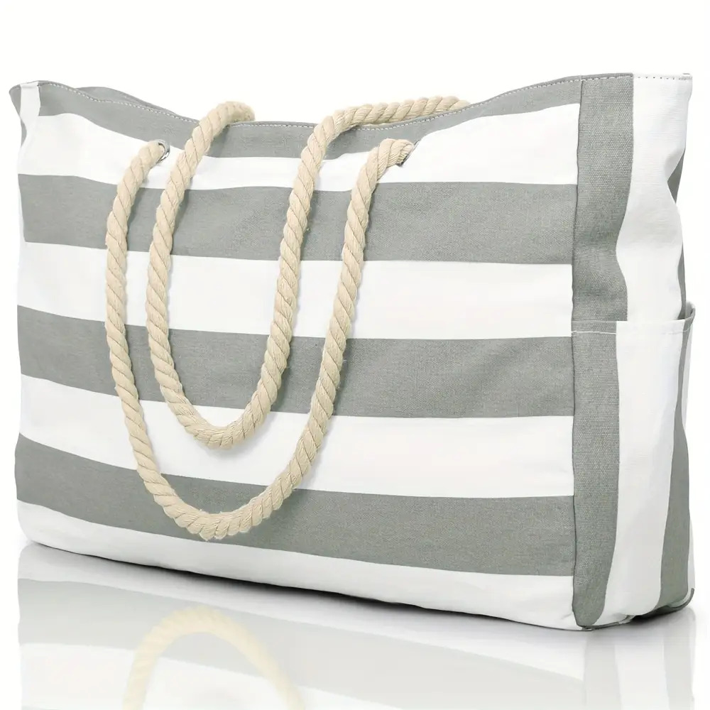 3 Color Options , Large Capacity Striped Beach Bag, Made Of Canvas, Suitable For Gym And Beach Travel