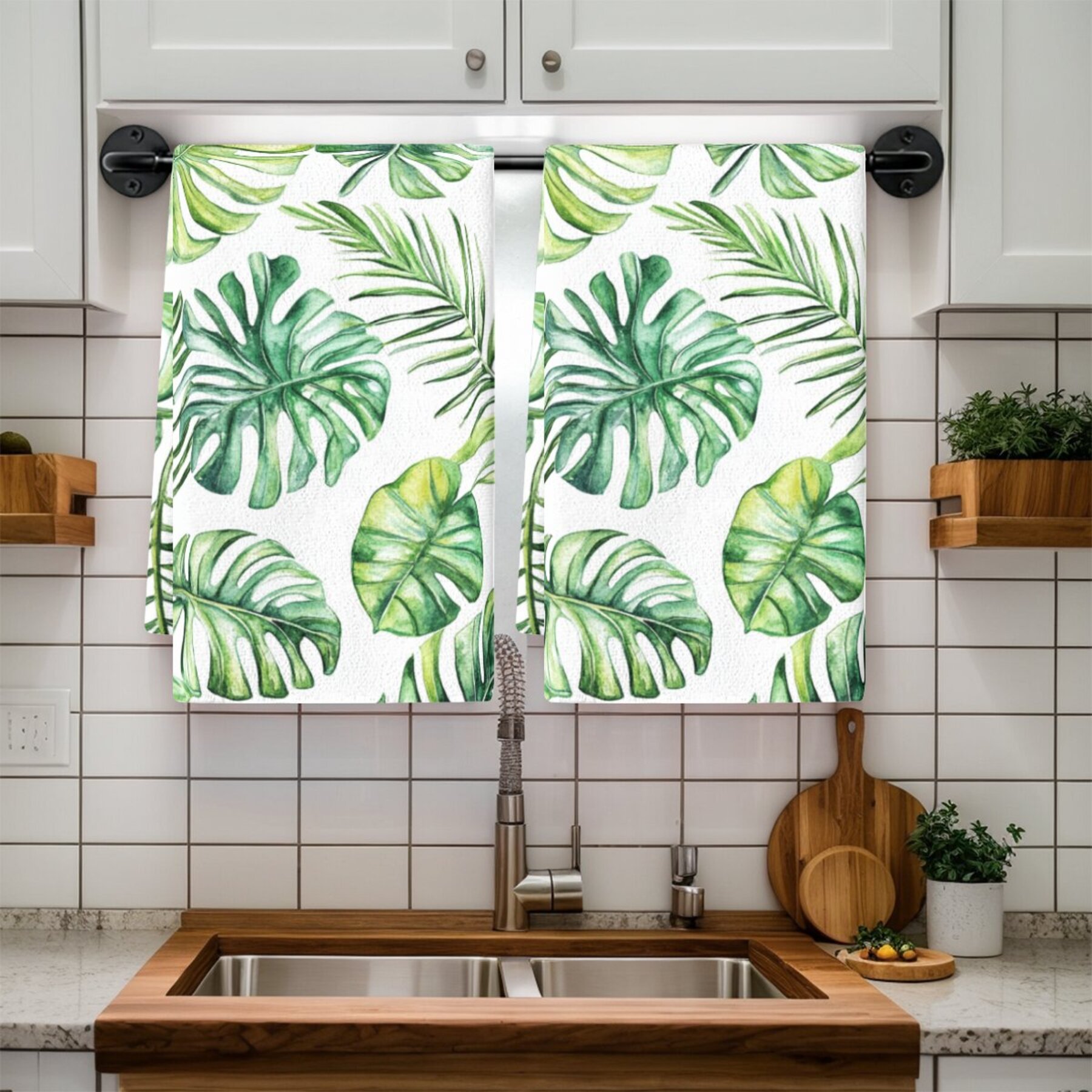 2pcs cleaning cloths, dish towels featuring tropical plants, palm leaves, and monstera patterns, suitable for kitchen decor, holiday decorations, table settings, kitchen supplies, home decor, and as gifts for   or bathrooms. details 4