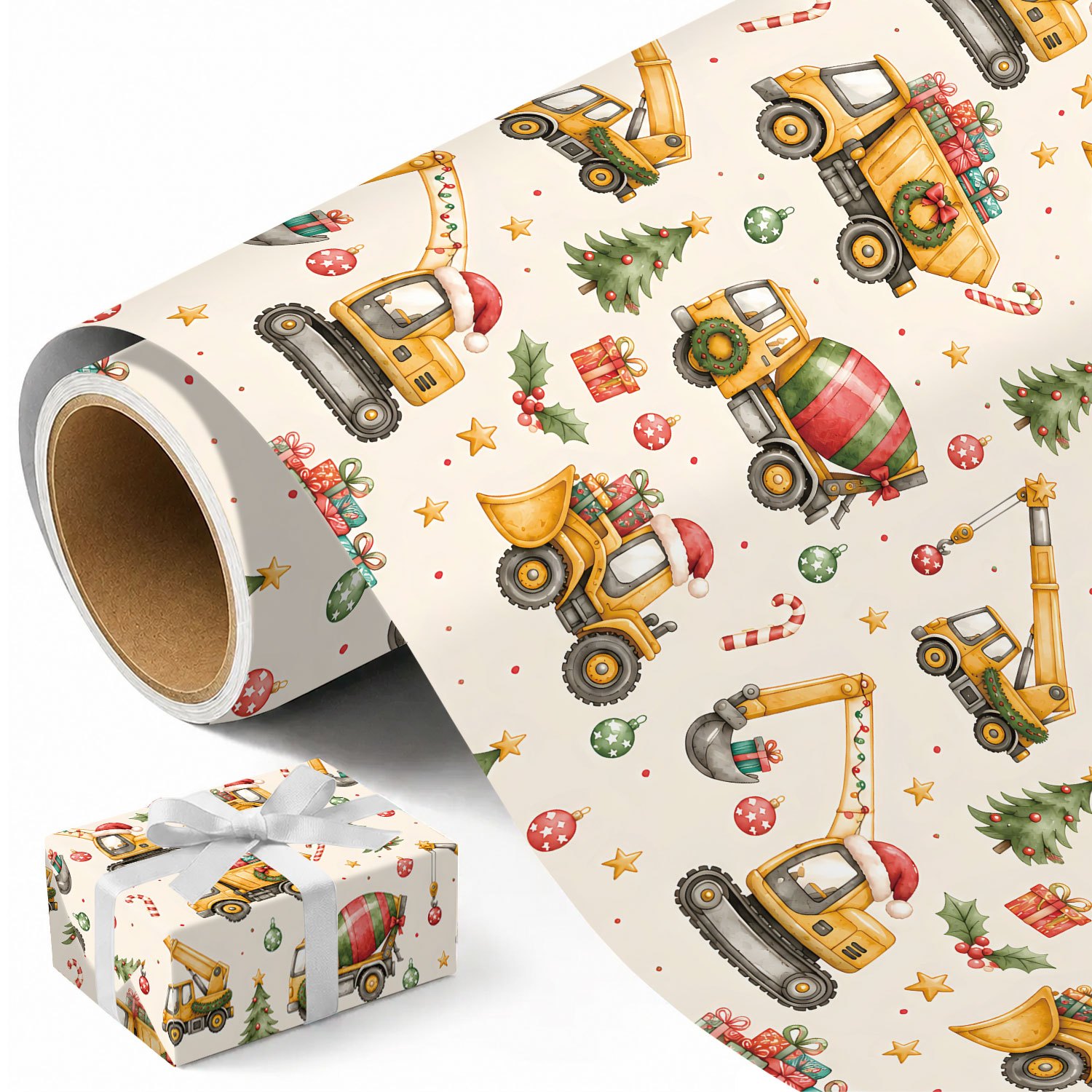TEMU 1 Rouleau de de Noël sur le Thème des Véhicules de Construction, Excavatrice, Mélangeuse, Camion à Benne avec Chapeaux de Père Noël, Ornements