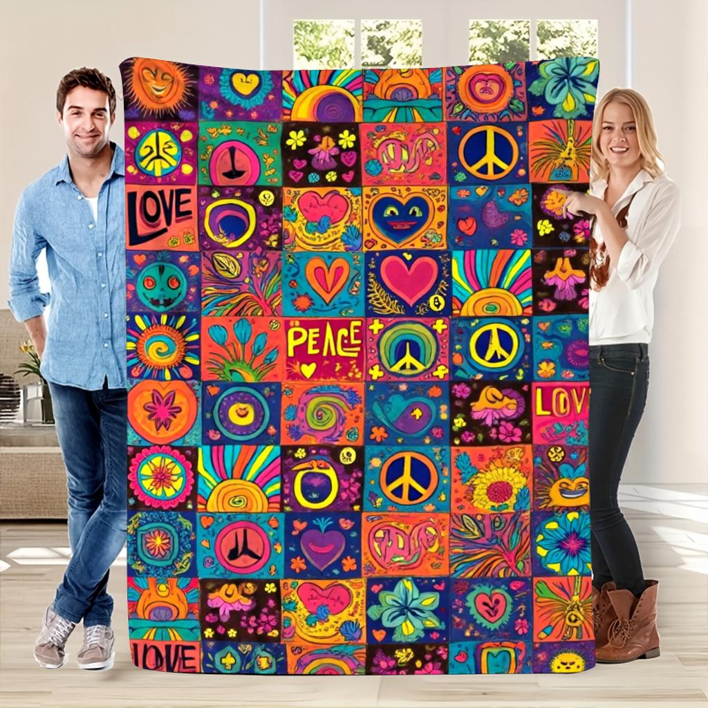 TEMU Retro 60s-70s Hippie Blanket - Psychedelic Bohemian Style Throw Sign, Floral & Heart Patterns, Multicolor Vintage For Sofa,, Holiday Gift - Soft