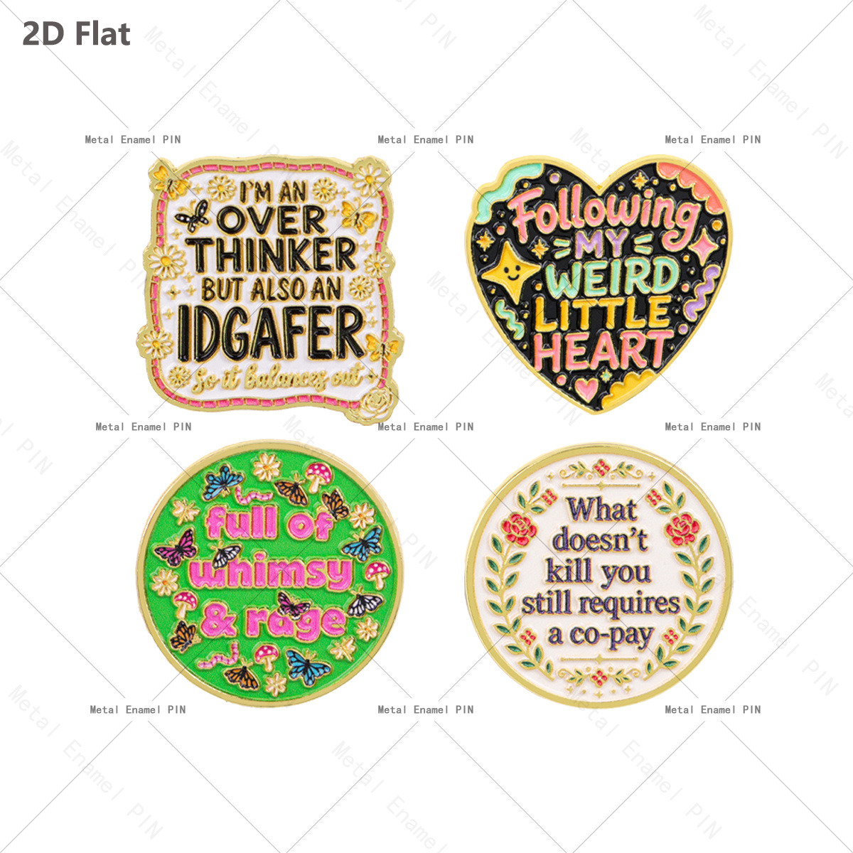 TEMU 2d Flat 4pcs Funny Enamel Pin Set, Inspirational Slogan Floral Lapel Brooch Badge, Motivational Mental Health-themed Metal Pins For Backpack