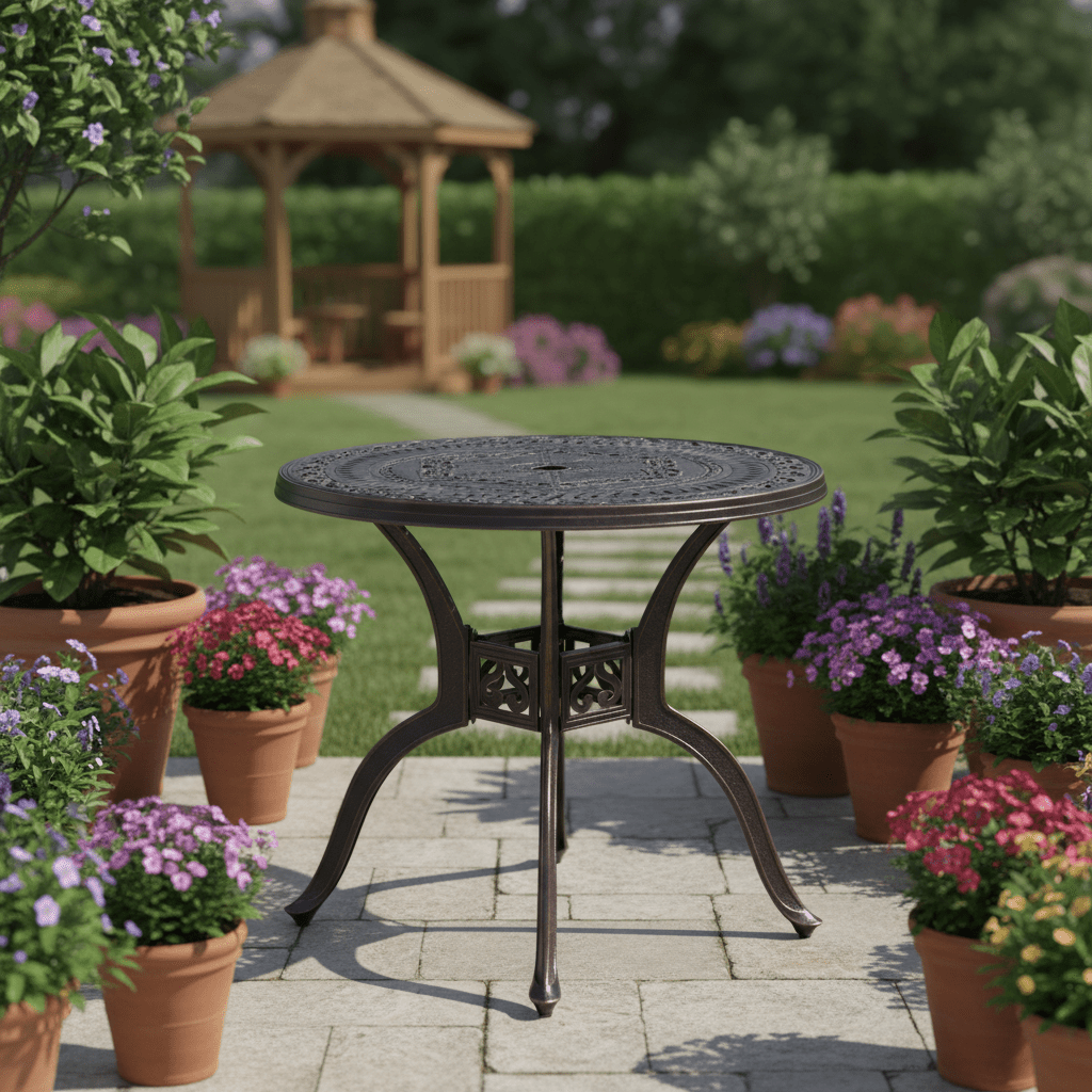 31. 5-Inch Cast Aluminum Dining Table, Round Bistro Table W/ 1. 96-Inch Umbrella Hole & Adjustable Leveling Feet, Robust Metal Patio Table for Backyard & Porch