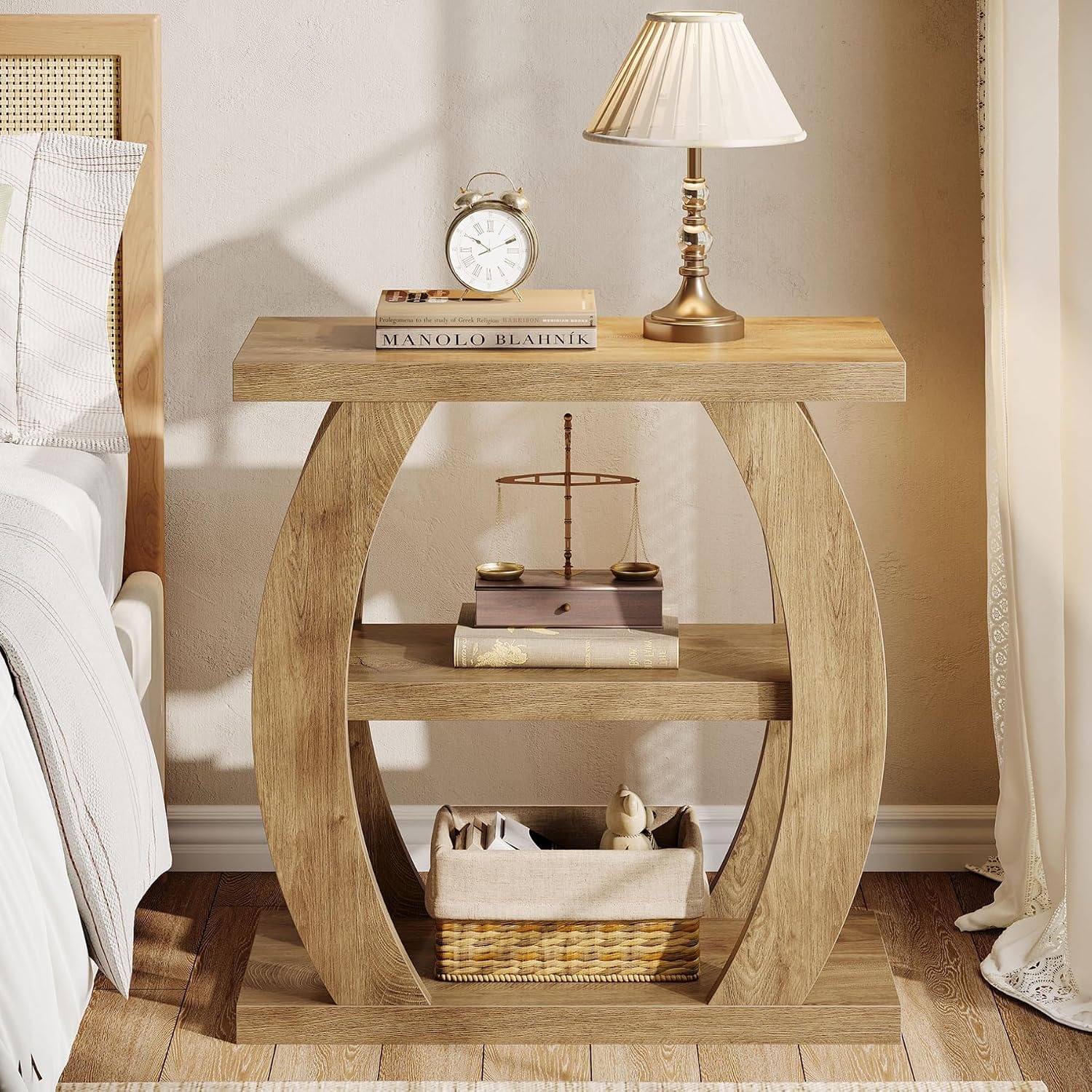TEMU Table d'appoint étroite à 3 niveaux pour - Table de chevet de style ferme moderne avec étagère de rangement, bois d'ingénierie et naturel, base