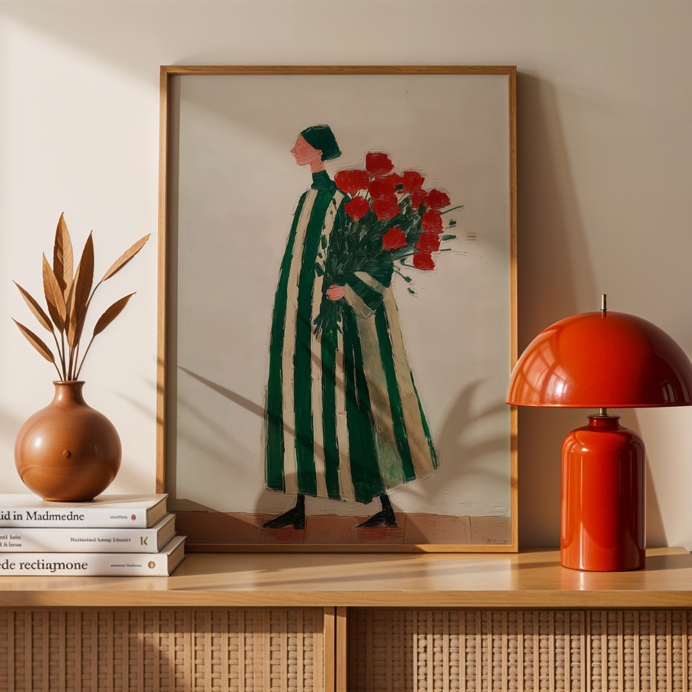 TEMU 2d Flat, Art Deco Wall Arts Floral Posters Woman Holding Red Flowers Canvas Prints Striped Dress Wall Decor Canvas Art Print For Living Room