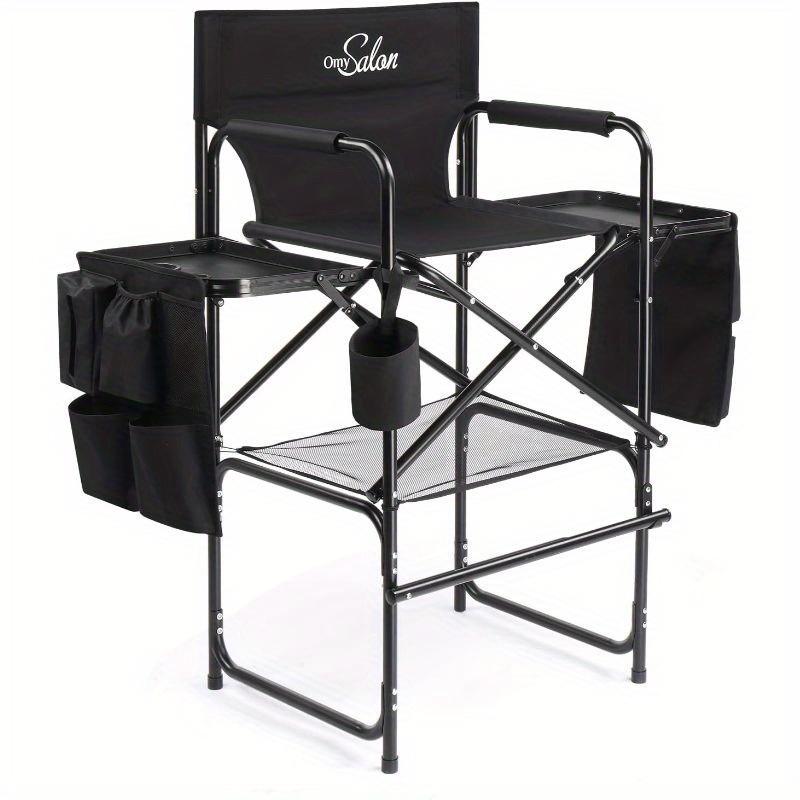 Omysalon Tall Folding Directors Chair With Side Table Storage Bag, Aluminum Frame 300 Lbs Capacity, Portable Makeup Artist Bar Height, 19. 7" D X 24. 6" W X 45. 7" H ( And Black)