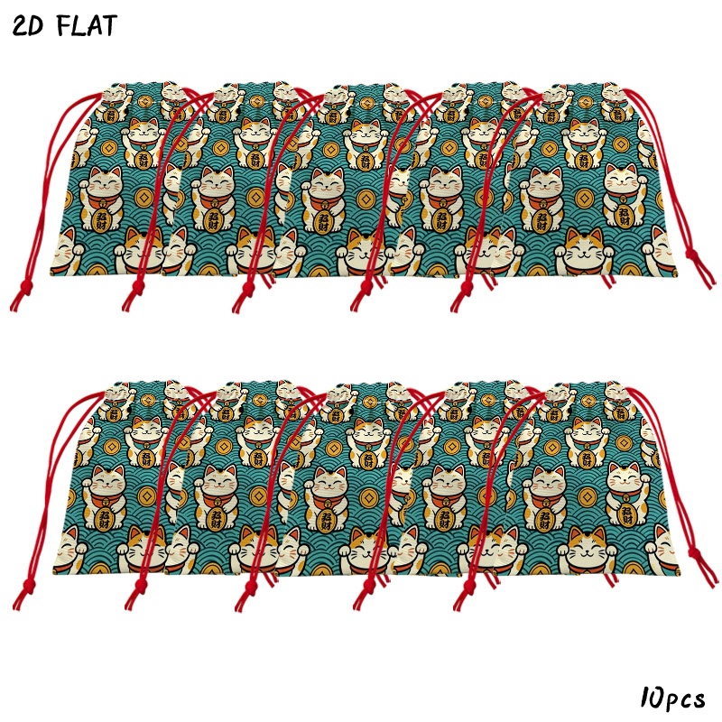 TEMU 10pcs Cat Print Drawstring Gift Bags, Teal Wave And Pattern, Themed Party Favor Packs For Celebrations And Gift Storage