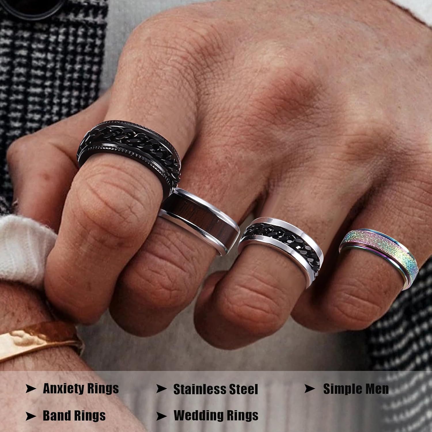 16pcs stainless steel fidget rings for men women stress anxiety relief spinner rings with   chain   fashion accessory set for wedding   casual attire gift   fidget toy rings relax wristwear modern accessory durable construction versatile wristbands Product details 4
