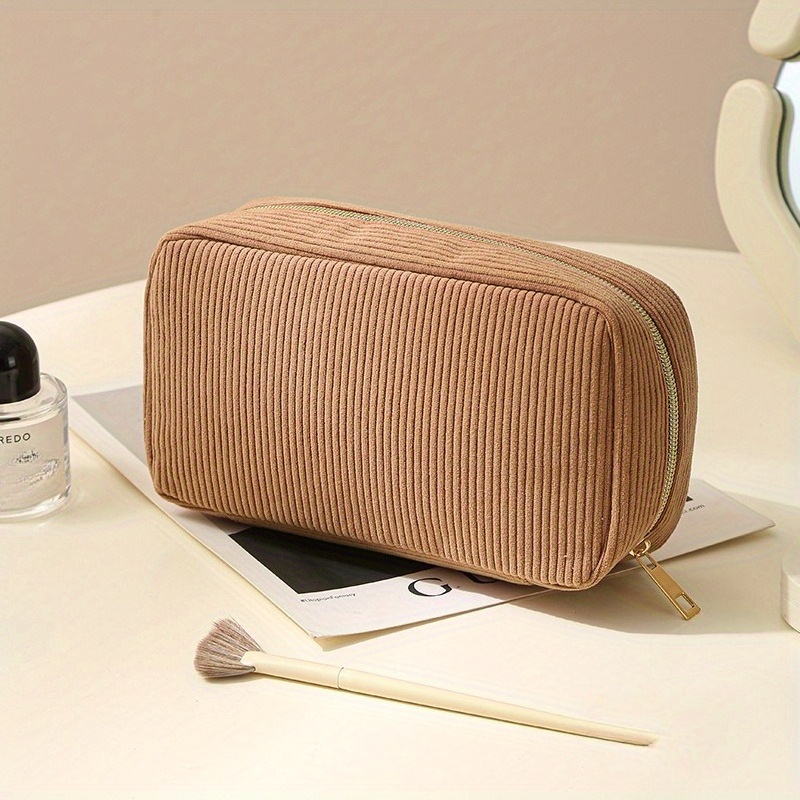 Image of Simple Rectangular Corduroy Makeup Bag, Storage Pouch, Portable Handheld Large-capacity Travel Cosmetic Organizer For Women, In 5 Colors